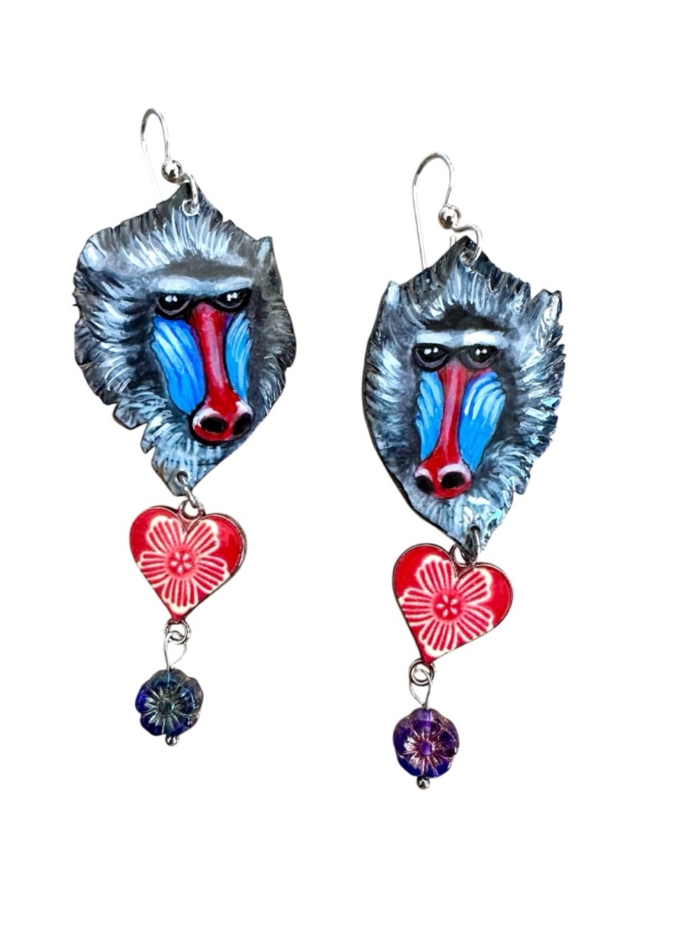 Mandrill monkey primate handpainted earrings sterling wire wildlife jewelry OOAK